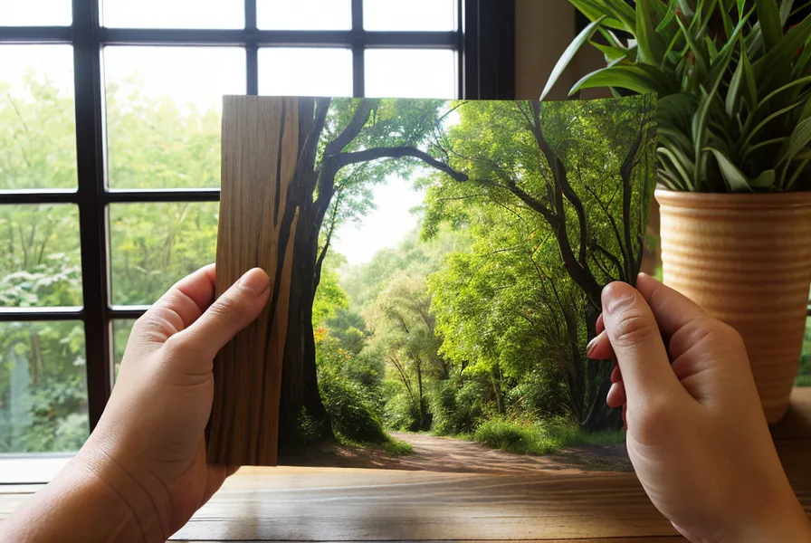 Hand hält ein ausgedrucktes Familienfoto mit malerischen Farben vor einem Atelierfenster