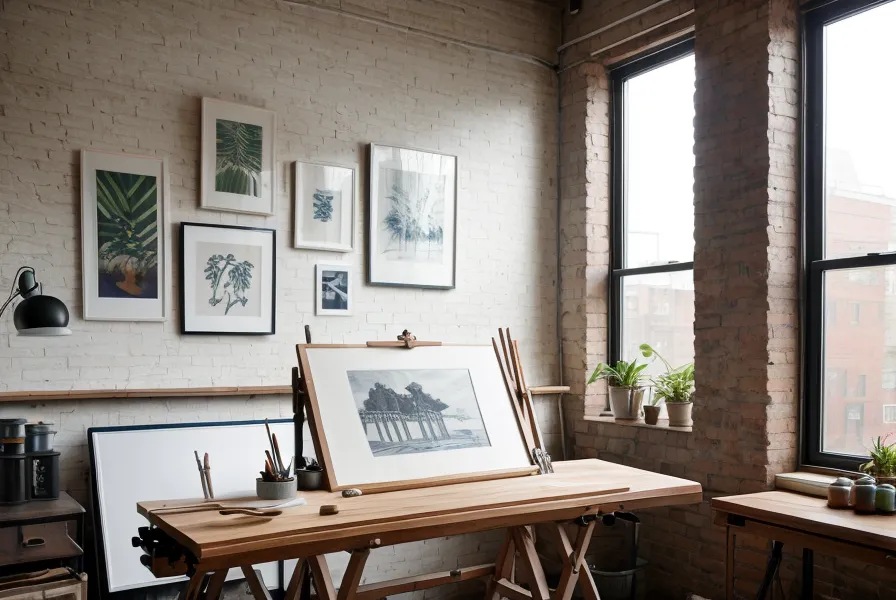 Eine Sony Alpha 6000 Kamera auf einem Holztisch neben Illustrations-Utensilien im Atelier.
